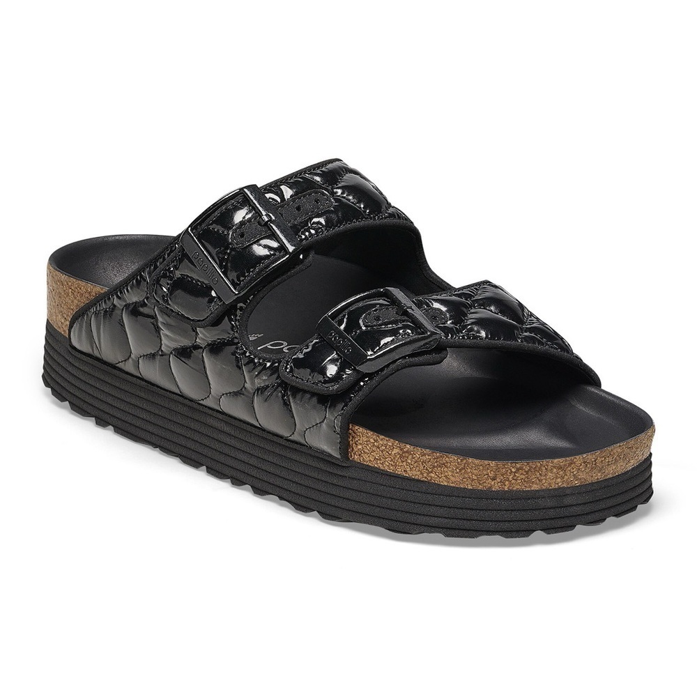 Birkenstock Quilted Patent Double-Buckle Slide Sandal - Black